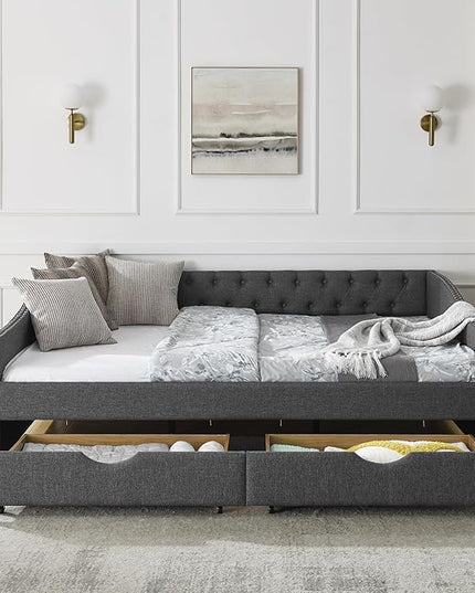 Queen Size Mid-Century Daybed, 2 Storage Drawers,Linen Button Upholstered Tufted Bed, Copper Nail on Waved Shape Arms, No Box Spring Needed,for Bedroom, Livingroom - LeafyLoom