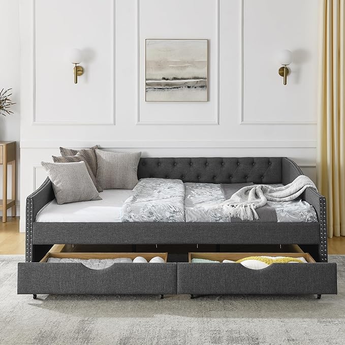 Queen Size Mid-Century Daybed, 2 Storage Drawers,Linen Button Upholstered Tufted Bed, Copper Nail on Waved Shape Arms, No Box Spring Needed,for Bedroom, Livingroom - LeafyLoom