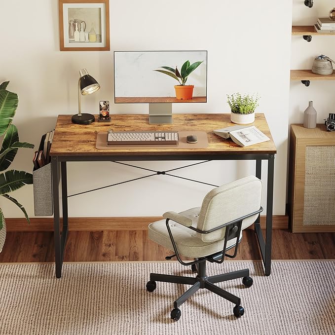 Cubiker Computer Desk 40 inch Home Office Writing Study Desk, Modern Simple Style Laptop Table with Storage Bag, Brown - LeafyLoom