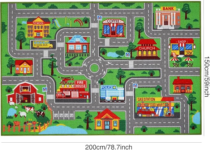 Kids Carpet Playmat Rug 78.7"x59", Car Rug for Kids Cars, Non-Slip Town City Road Map Kids Rug for Playroom Bedroom Boys, Kids Car Mat Road Rug, Track Rug Car Play Rug for Kids (78.7X59 INCH) - LeafyLoom