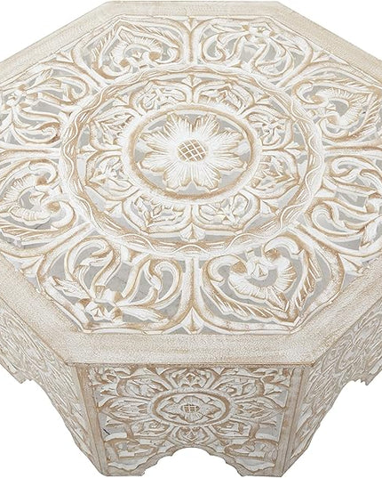 Deco 79 Wood Floral Handmade Living Room Coffee Table Intricately Carved Table with Arched Cutouts and Brown Distressing, Center Table 33" x 33" x 18", Cream - LeafyLoom