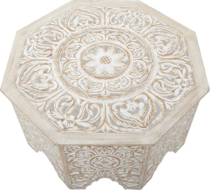 Deco 79 Wood Floral Handmade Living Room Coffee Table Intricately Carved Table with Arched Cutouts and Brown Distressing, Center Table 33" x 33" x 18", Cream - LeafyLoom