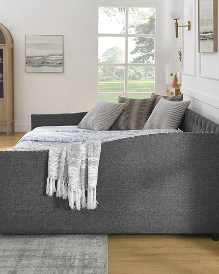 Queen Size Daybed with Two Storage Drawers, Linen Upholstered Tufted Sofa Bed w/Button on Back and Copper Nail on Waved Shape Arms, for Bedroom Living Room, No Box Spring Needed, Dark Grey - LeafyLoom