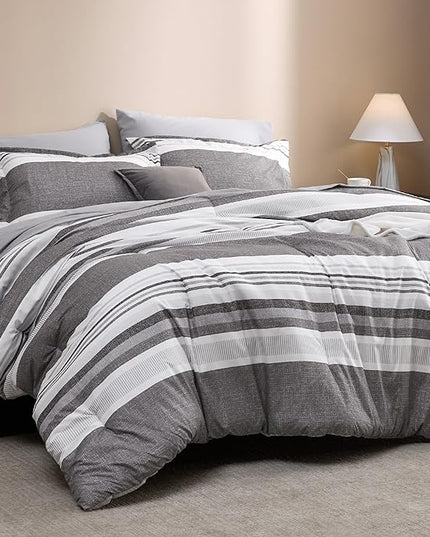 Bedsure King Size Comforter Set - 7 Pieces Grey White Striped Bedding Sets King Bed in A Bag with Comforters King Size, Sheets, Pillowcases & Shams, Bed Sets - LeafyLoom