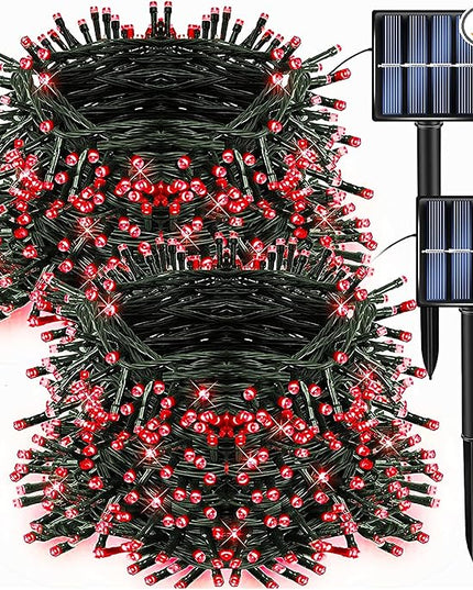 Dazzle Bright 2 Pack Total 400LED 132FT Red Christmas Solar String Outdoor Lights, Solar Powered with 8 Modes Waterproof Fairy Lights for Bedroom Patio Garden Tree Party Yard Decoration DazzleBright