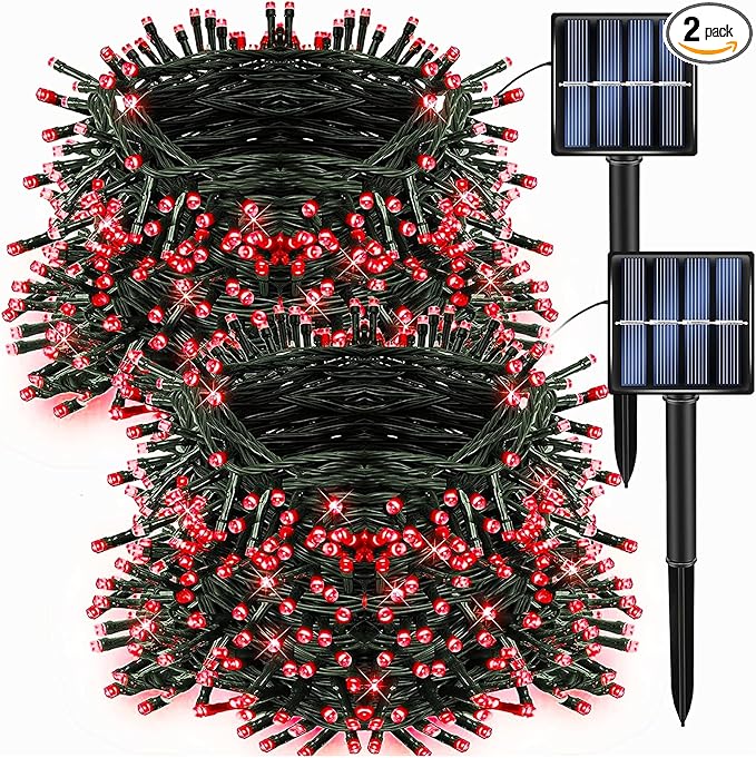 Dazzle Bright 2 Pack Total 400LED 132FT Red Christmas Solar String Outdoor Lights, Solar Powered with 8 Modes Waterproof Fairy Lights for Bedroom Patio Garden Tree Party Yard Decoration DazzleBright