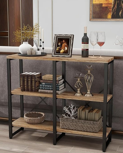3 Tier Solid Real Wood Bookshelf Rustic Industrial Style, Wooden Storage Shelves Etagere Bookcase Book Shelf Display Shelf for Home Office - LeafyLoom