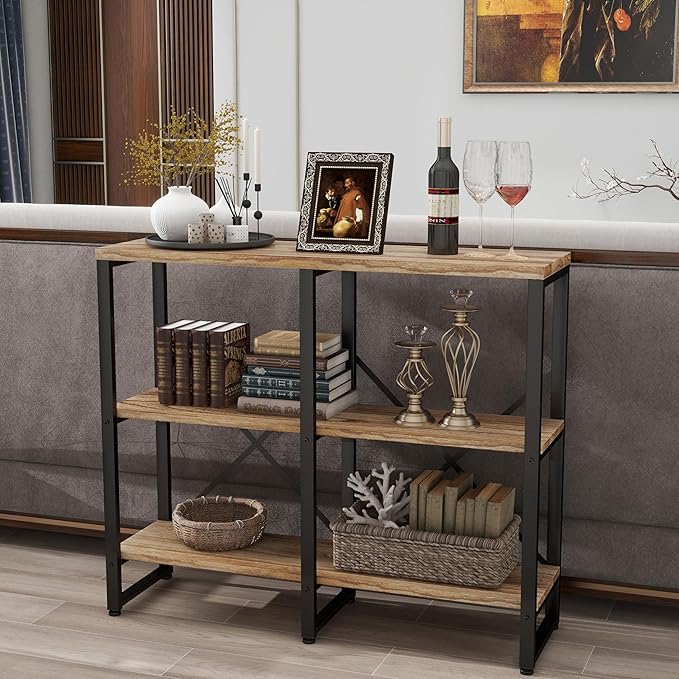 3 Tier Solid Real Wood Bookshelf Rustic Industrial Style, Wooden Storage Shelves Etagere Bookcase Book Shelf Display Shelf for Home Office - LeafyLoom