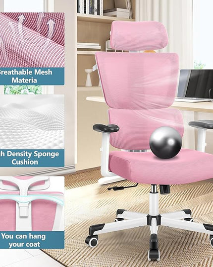 Primy Office Chair Ergonomic Desk Chair, High Back Computer Gaming Chair, Comfy Big and Tall Home Office Chair with Lumbar Support, Breathable Mesh Reclining Chair Adjustable Armrests Headrest(Pink) - LeafyLoom