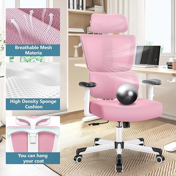 Primy Office Chair Ergonomic Desk Chair, High Back Computer Gaming Chair, Comfy Big and Tall Home Office Chair with Lumbar Support, Breathable Mesh Reclining Chair Adjustable Armrests Headrest(Pink) - LeafyLoom