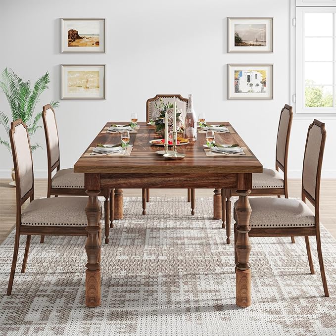 Tribesigns 62” Wood Dining Table for 4-6 People, Farmhouse Large Rectangle Kitchen Table, Dinner Table Kitchen & Dining Room Furniture with Carved Turned Legs - LeafyLoom