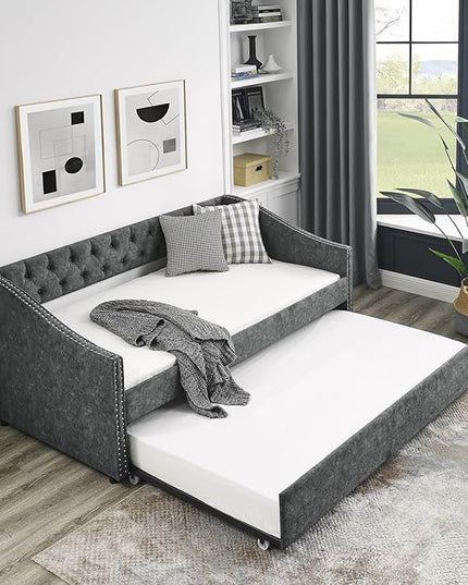Twin Size Upholstered Daybed with Trundle, Wooden Sofa Bed w/Button Tufted Backrest and Waved Shape Arms, Space-Saving Design, No Box Spring Needed, for Living Room, Bedroom, Dorm, Grey - LeafyLoom