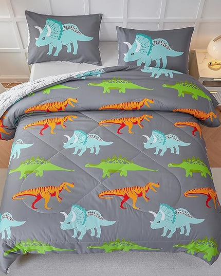 RYNGHIPY Dinosaur Kids Comforter Set Cartoon Dinosaur Bedding Sets for Boys 3 Pieces Queen Microfiber Comforter with Pillowcases Soft Lightweight (Dark Grey,Queen) - LeafyLoom