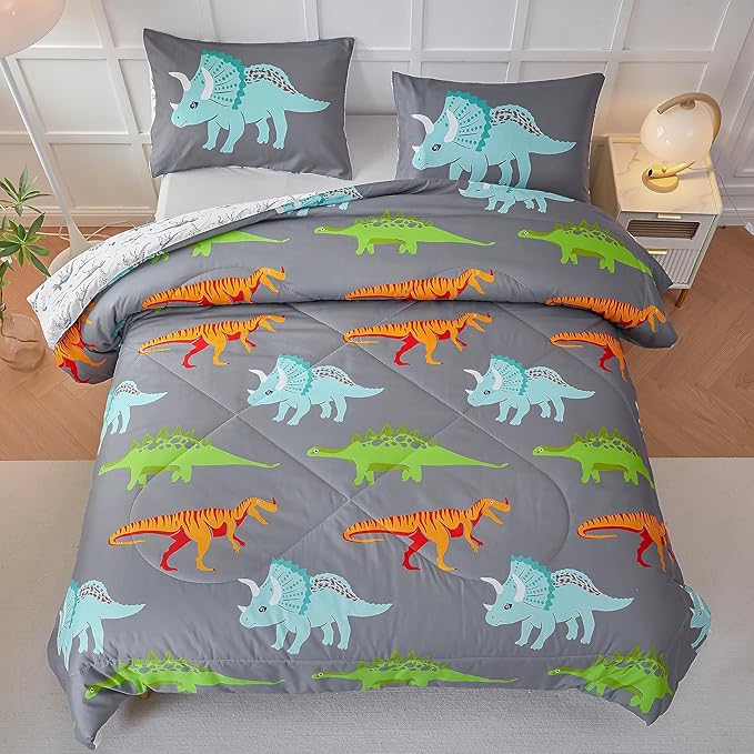 RYNGHIPY Dinosaur Kids Comforter Set Cartoon Dinosaur Bedding Sets for Boys 3 Pieces Queen Microfiber Comforter with Pillowcases Soft Lightweight (Dark Grey,Queen) - LeafyLoom