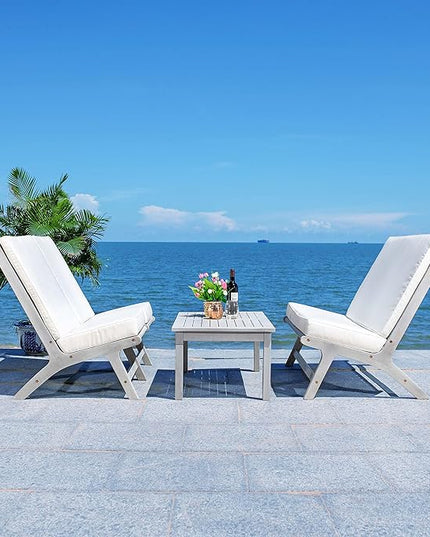 SAFAVIEH Outdoor Collection Chaston Wood Cushion 4-Piece Conversation Patio Set PAT7044H, Grey/Beige - LeafyLoom