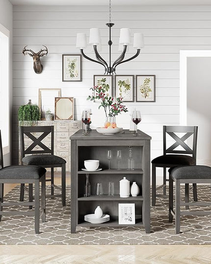 Farmhouse Style Counter Height Rustic 4 Chairs, Long-Lasting Solid Rubber Wooden Bar, Easy Assembly, Room, Kitchen, 5 Piece Dining Table Set, Gray 10 - LeafyLoom