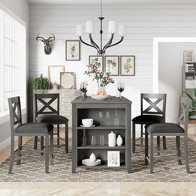Farmhouse Style Counter Height Rustic 4 Chairs, Long-Lasting Solid Rubber Wooden Bar, Easy Assembly, Room, Kitchen, 5 Piece Dining Table Set, Gray 10 - LeafyLoom