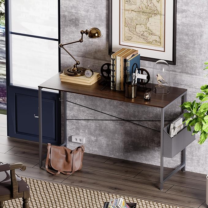 Pamray 47 Inch Computer Desk Small Spaces Desk with Storage Bag for Bedroom Writing and Home Office Work Small Study Desk Table Deep Brown - LeafyLoom