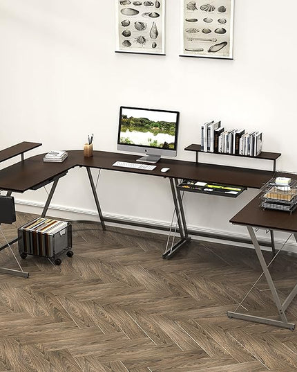 SHW Vista L-Shape Desk with Monitor Stand, Espresso - LeafyLoom