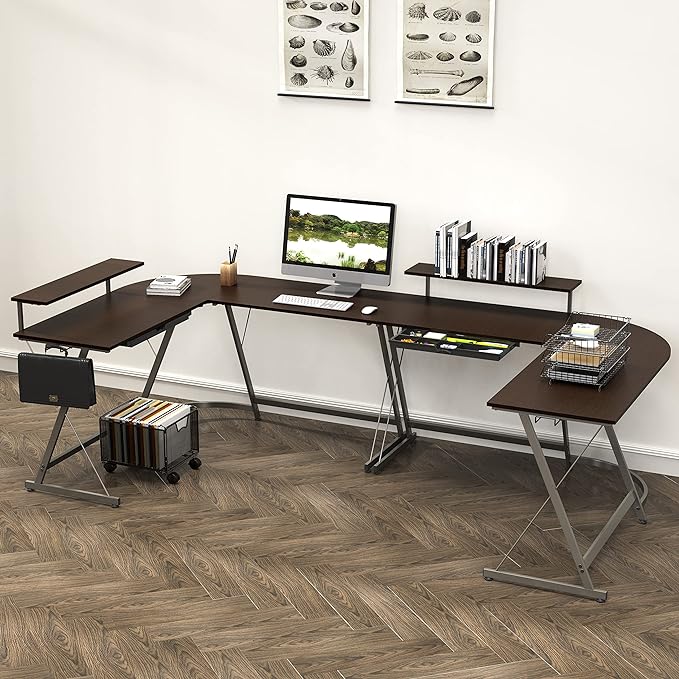 SHW Vista L-Shape Desk with Monitor Stand, Espresso - LeafyLoom