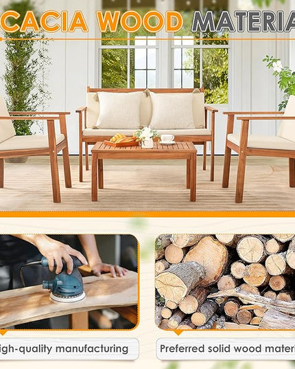 Greesum 4 Piece Bistro Patio Furniture Outdoor Chat Chair Set with Water Resistant Cushions and Coffee Table for Beach Backyard Garden, Acacia Wood - LeafyLoom