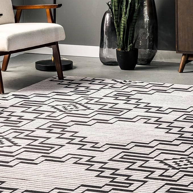 nuLOOM Tashia Modern Geometric Machine Washable Ultra Thin Area Rug, 8' x 10', Charcoal - LeafyLoom