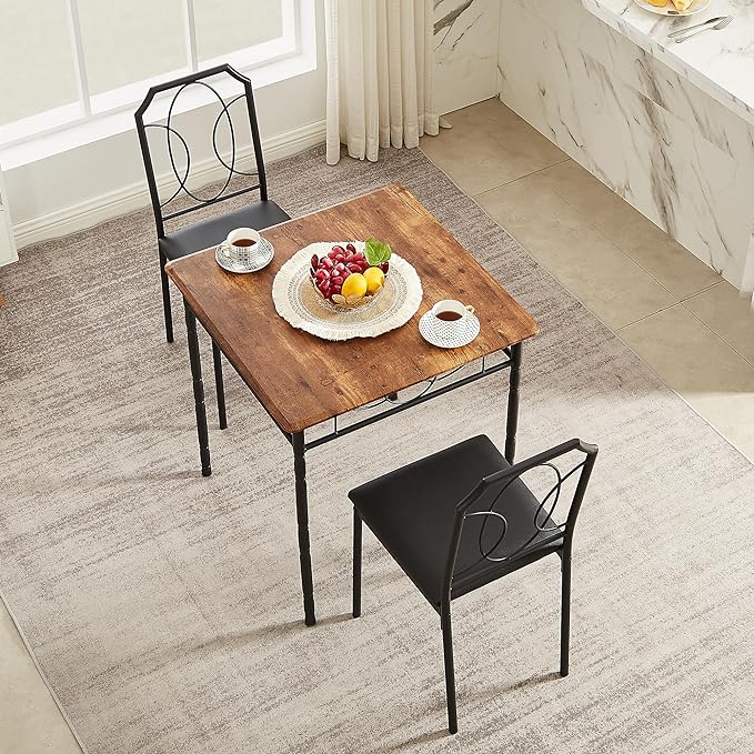 VECELO 3 Pieces Sets,43.3" Table&Chairs for 2,Industrial Counter Height Tabletop with Bar Stools, Rectangle Breakfast Chairs, Living Room, Apartment, Dining Table for 2, Brown - LeafyLoom
