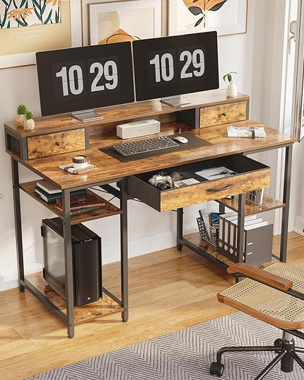 Treesland 47 Inch Multifunctional Computer Desk with Monitor Shelf, Professional Dual Tiers Writing Desk, 3 Drawers, and Storage - Sturdy Home Office Desk, Brown - LeafyLoom
