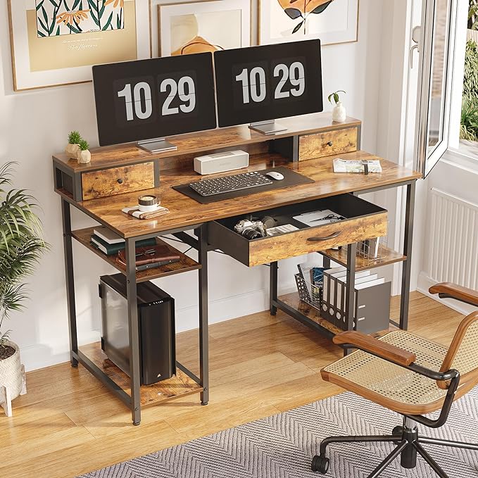 Treesland 47 Inch Multifunctional Computer Desk with Monitor Shelf, Professional Dual Tiers Writing Desk, 3 Drawers, and Storage - Sturdy Home Office Desk, Brown - LeafyLoom