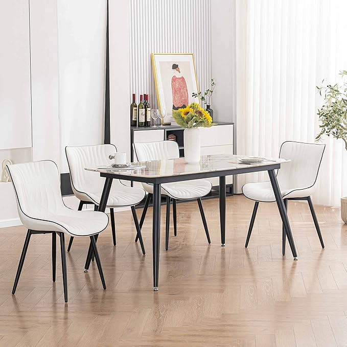 YOUTASTE White Dining Chairs Set of 2 Upholstered Mid Century Modern Kitchen Dining Room Chairs Armless Faux Leather Accent Chairs Metal Vanity Lounge Chair with Back for Living Room Bedrooms - LeafyLoom