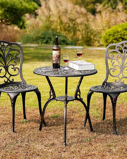 Outdoor Bistro Set 3 Piece Patio Bistro Set with Umbrella Hole, Weather Resistant Bistro Table and Chairs Set of 2 for Porch Garden, Bronze - LeafyLoom