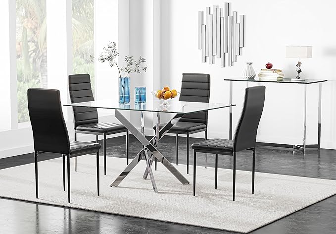 Tempered Glass Dining Table with Chromed Legs,47" Modern Rectangular Kitchen Table for Dining Room Kitchen,Sliver - LeafyLoom