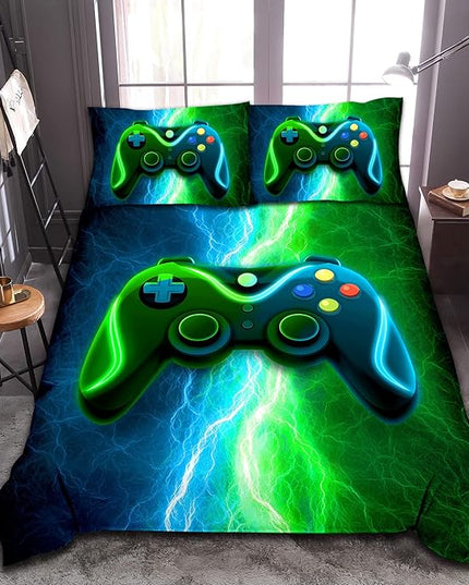 Meeting Story Gamer Gaming Bedding Sets Red Blue Lightnings Gamepad Comforter Set for Boys Games Console Action Buttons Novelty Colorful Modern Room Decor Home Quilt Set (Blue-Green, Queen) - LeafyLoom