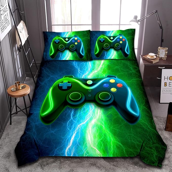 Meeting Story Gamer Gaming Bedding Sets Red Blue Lightnings Gamepad Comforter Set for Boys Games Console Action Buttons Novelty Colorful Modern Room Decor Home Quilt Set (Blue-Green, Full) - LeafyLoom