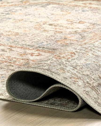 nuLOOM 4x6 Machine Washable Rain Haven Vintage Medallion Area Rug, Light Grey, Traditional Faded Design, Non-Slip Backing, Stain Resistant, For Bedroom, Dining Room, Living Room, Kitchen - LeafyLoom