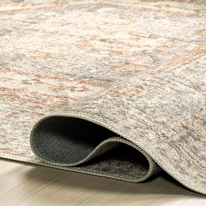 nuLOOM 4x6 Machine Washable Rain Haven Vintage Medallion Area Rug, Light Grey, Traditional Faded Design, Non-Slip Backing, Stain Resistant, For Bedroom, Dining Room, Living Room, Kitchen - LeafyLoom