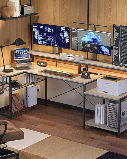Bestier 71.5 inch Computer Desk with Power Outlets, LED Home Office Desk with Long Monitor Stand, Large Corner Desk with Storage Shelf, Cup Holder & Headset Hooks L Shaped Desk - LeafyLoom