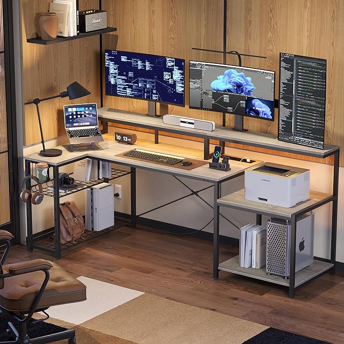 Bestier 71.5 inch Computer Desk with Power Outlets, LED Home Office Desk with Long Monitor Stand, Large Corner Desk with Storage Shelf, Cup Holder & Headset Hooks L Shaped Desk - LeafyLoom