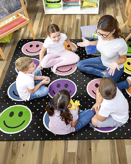 Flagship Carpets Smiley Seating (Seats 20) Classroom Area Rug or Educational Learning Mat, Kids Room or Playroom Carpet, 6' x 8'4", Black/Multi - LeafyLoom
