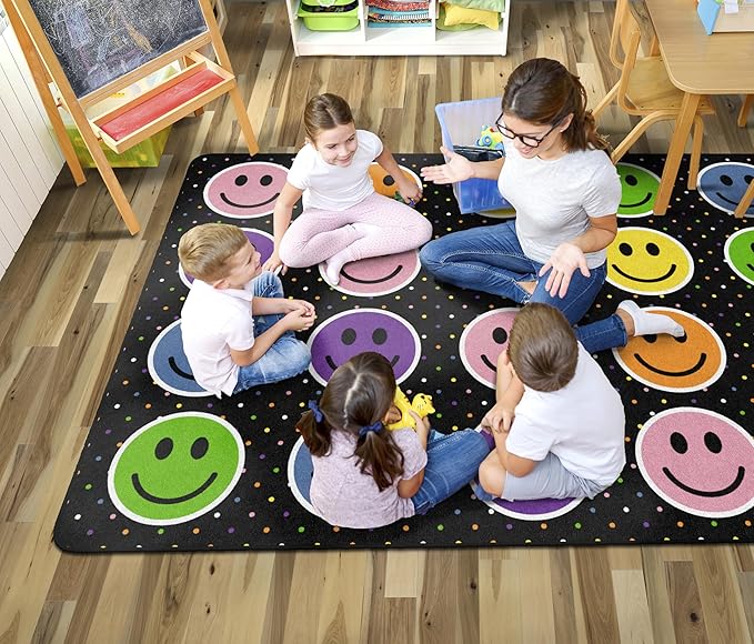 Flagship Carpets Smiley Seating (Seats 20) Classroom Area Rug or Educational Learning Mat, Kids Room or Playroom Carpet, 6' x 8'4", Black/Multi - LeafyLoom