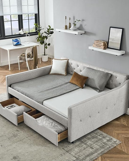 Queen Size Upholstered Tufted Daybed with Two Pull Out Drawers Bed, Button Polyester on Back, Waved Shape Arms for Bedroom, Living Room,No Need Boxing Spring - LeafyLoom