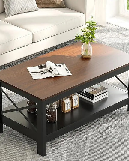 YITAHOME Coffee Table for Living Room,Modern Farmhouse Coffee Table with Storage,2-Tier Center Table for Living Room Wood Living Room Table Accent Cocktail with Sturdy Frame,Brown and Black - LeafyLoom
