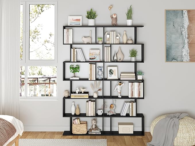 Yusong Bookshelf 6-Tier, Geometric Bookcase S Shaped Book Shelves for Bedroom, Modern Wood Decorative Display Shelf Tall Book Case for Home Office, Black - LeafyLoom