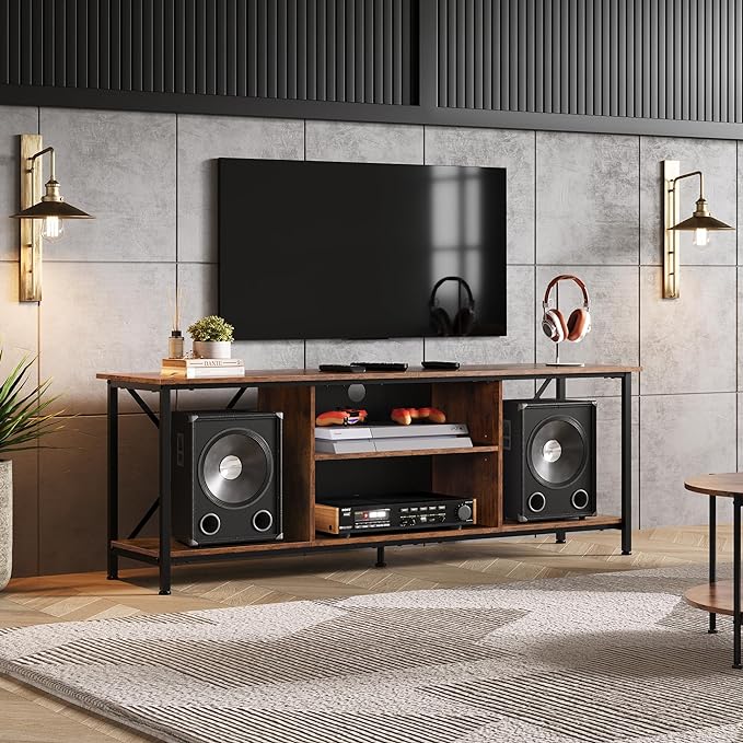 WLIVE TV Stand up to 65 Inch TV, 55" Entertainment Center, Industrial TV Console with Open Storage Shelf for Living Room and Bedroom, Rustic Brown - LeafyLoom