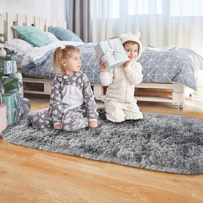 Noahas Oval Fluffy Grey Rainbow Rug 2.6X5.3 Small Kids Rugs for Bedroom Girls And Boys Aesthetic,Bedside Bedroom Rug,Ultra Soft Runner Carpet Modern Shaggy Nursery Area Rugs Home Deco - LeafyLoom