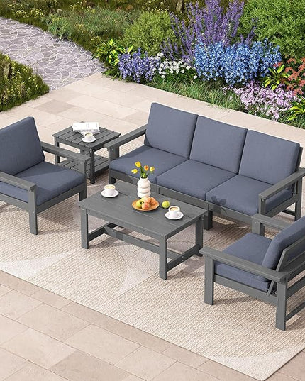 SERWALL HDPE Patio Coversation Set, 7-piece Outdoor Sectional Sofa Set, All Weather Patio Couch Set Patio Furniture for Balcony, Deck, Grey Frame with Grey Cushion - LeafyLoom