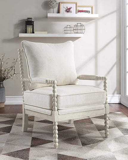OSP Home Furnishings Kaylee Spindle Accent Chair with Antique Wood Frame, 26.5” W x 32.25” D x 37” H, White Linen Fabric - LeafyLoom
