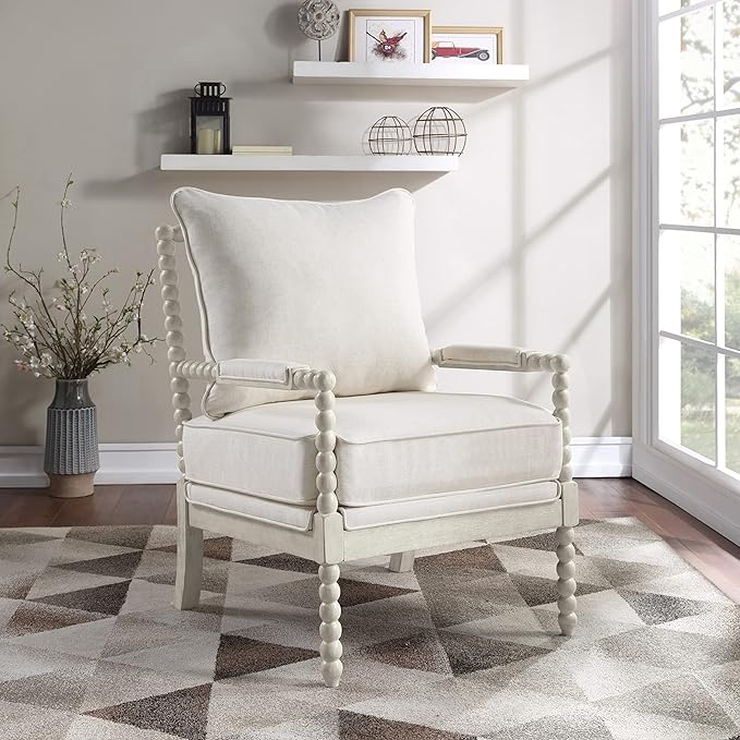 OSP Home Furnishings Kaylee Spindle Accent Chair with Antique Wood Frame, 26.5” W x 32.25” D x 37” H, White Linen Fabric - LeafyLoom
