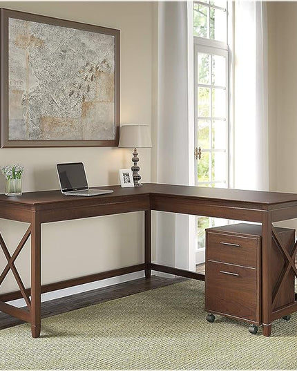 Bush Furniture Key West 60W L Shaped Desk with 2 Drawer Mobile File Cabinet in Bing Cherry - LeafyLoom