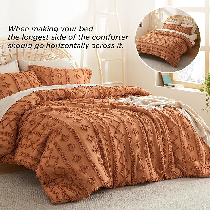 Bedsure Tufted Boho Comforter Set King - Pumpkin Boho Bedding Comforter Set, 3 Pieces Farmhouse Shabby Chic Embroidery Bed Set, Soft Jacquard Comforter for Women Men Girls - LeafyLoom